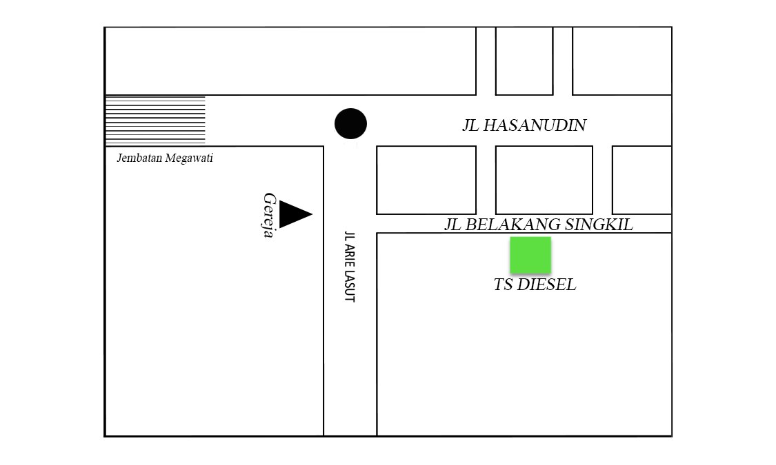 Denah lokasi TS Diesel di Jl. Belakang Singkil No. 14 Manado, di antara Jl. Hasanudin dan Jl. Arie Lasut